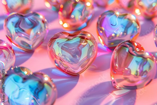 Holographic hearts. Fluid liquid chrome heart shape. 3d y2k hologram love element. Metallic rainbow icon. Fantasy retro 80s, 90s texture. Iridescent, flowing gradient. © Yulia