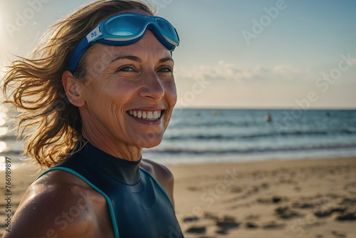 Pretty woman, 50s, Swimmer ready to start swimming on the ocean. Generative AI