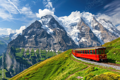 A red train is driving on the tracks in front of snowy mountains, with green grass and yellow flowers growing along both sides of the track. The Eiger Mountain is behind it in the swiss alps.