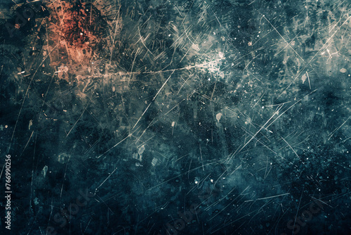 Dark textured background with scratches and blue-orange light effects