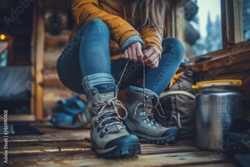 Adventurous woman in her 40s lacing up hiking boots inside a cozy cabin