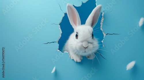 White rabbit pokes its head through hole in blue wall.