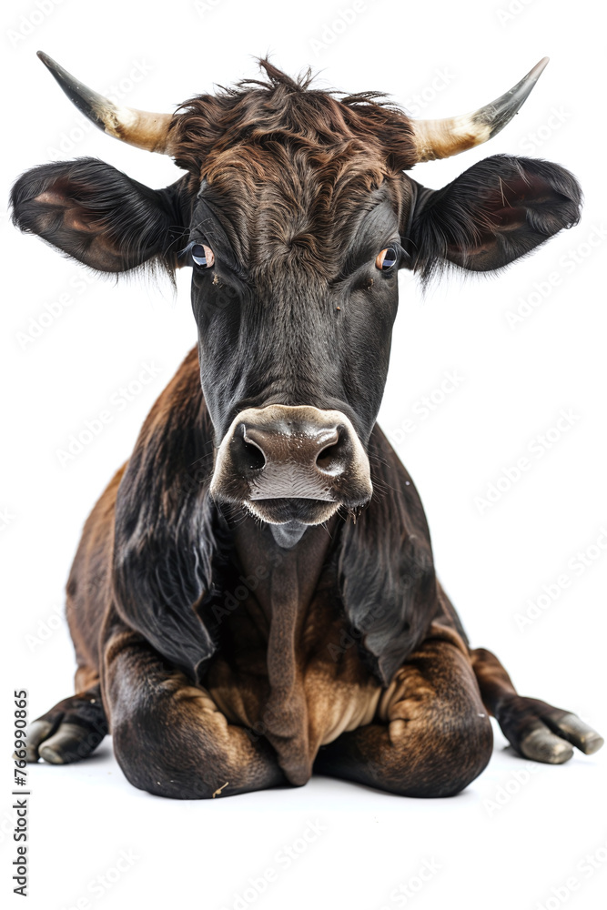 brown cattle cow sitting on floor isolated on white background, front view photograph looking at camera, full body shot. brown cattle cow sitting on floor isolated on white background, front view photograph looking at camera, full body shot.