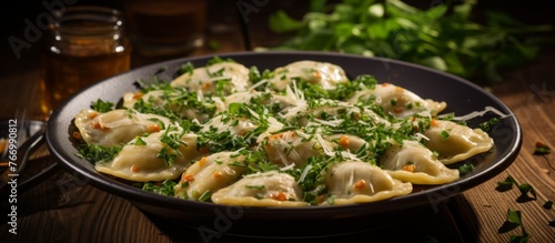 A dish of dumplings made with cheese and parsley, served on a wooden table. This delicious food combines ingredients and cooking techniques to create a flavorful cuisine