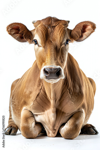 brown cattle cow sitting on floor isolated on white background, front view photograph looking at camera, full body shot.