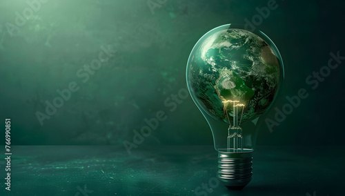 An illustration of a light bulb with the Earth inside, symbolizing sustainable energy and environmental care. This concept represents green energy with a focus on protecting the Earth. Copy space.