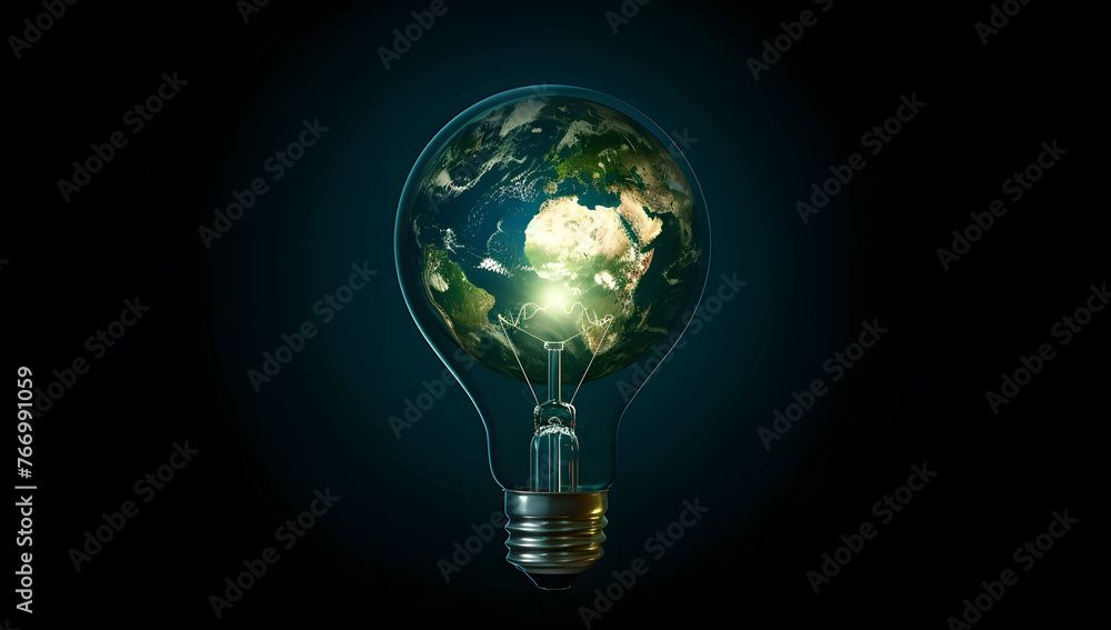 An illustration of a light bulb with the Earth inside, symbolizing sustainable energy and environmental care. This concept represents green energy with a focus on protecting the Earth. Copy space. An illustration of a light bulb with the Earth inside, symbolizing sustainable energy and environmental care. This concept represents green energy with a focus on protecting the Earth. Copy space.
