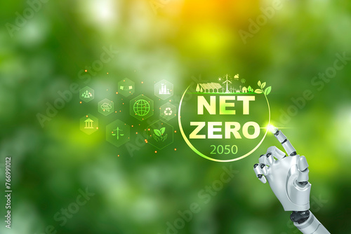 Net zero concept, robot hand touching net zero icon. artificial intelligence technology for green energy. AI technology Machine learning for data analysis management for carbon and Net zero emission.