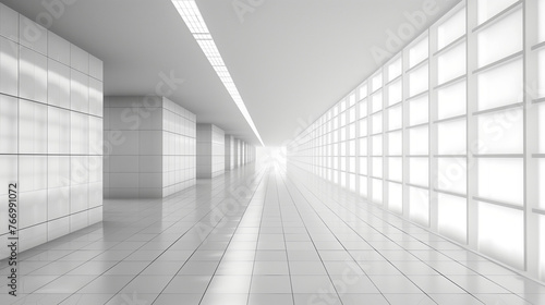 Modern White Corridor with Illuminated Ceiling, Minimalist Architectural Background with Copy Space