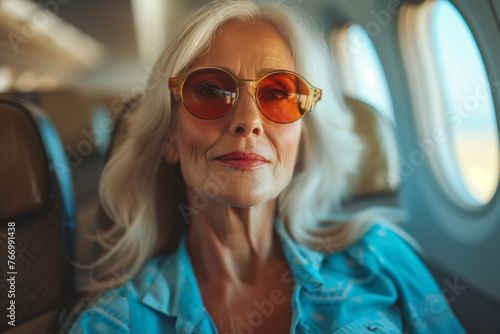 Stylish elderly woman wearing red sunglasses on an airplane. Flight travel, vacation