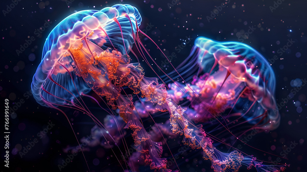 glowing sea jellyfishes on dark background, neural network, Generative AI  - obrazy, fototapety, plakaty 