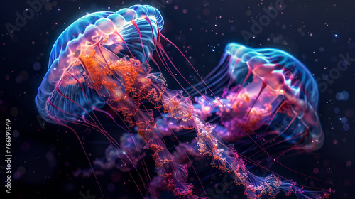 glowing sea jellyfishes on dark background, neural network, Generative AI 