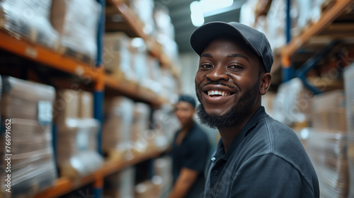 Cheerful warehouse managers smiling while recording inventory