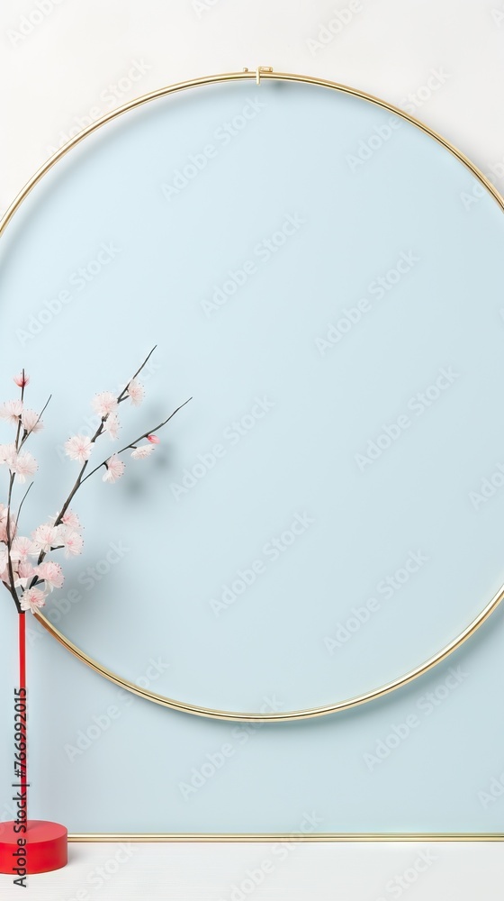 Cherry blossoms in a red vase against a blue backdrop within a golden circle