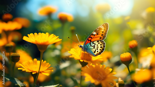 Butterfly closeup on orange flower in nature, outside in spring summer on a bright sunny day, daisy field, spring and summer is coming © DigitalDreamscape