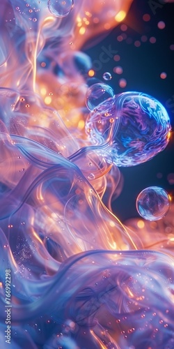 Close-up of vibrant blue bubbles in a swirling abstract fluid design