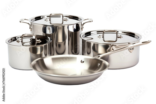 Set of Stainless Steel Pots and Pans. On a Clear PNG or White Background.