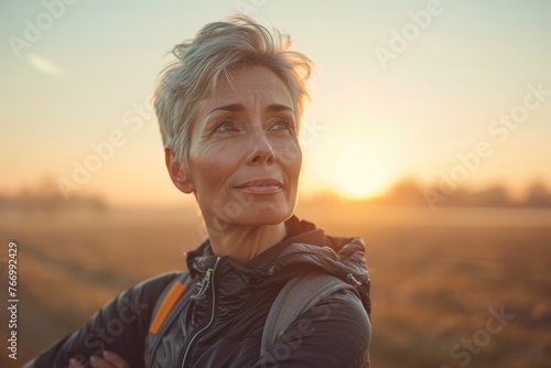 Active senior woman enjoying sunset after outdoor adventure