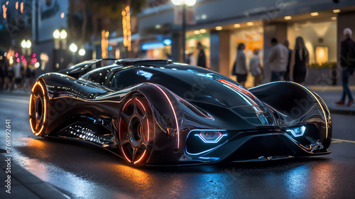 a futuristic super car with lights under it and viritual display on windshield