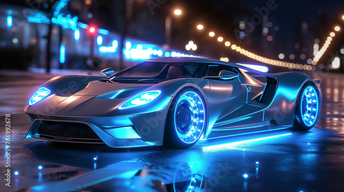 a futuristic super car with lights under it and viritual display on windshield