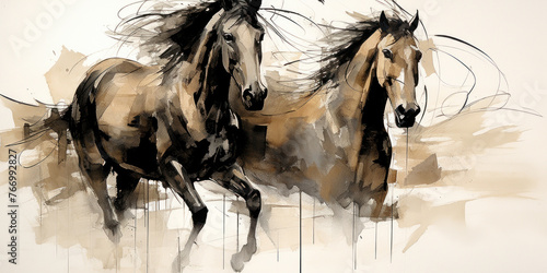 Two galloping horses on a white background in watercolor style.