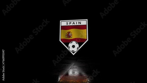 Glitchy Shield Shaped Football Badge with a Waving Flag of Spain