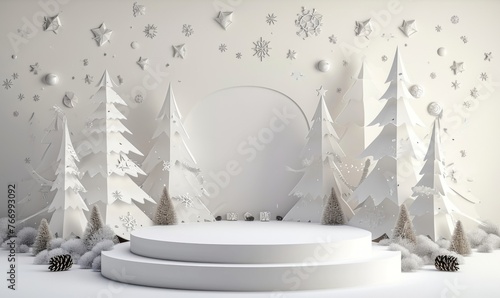 Christmas greeting card. White paper pine trees with empty stage for product presentation. Christmas mockup white background with empty podium and Christmas decoration. 3D Rendering  3D  Generative AI