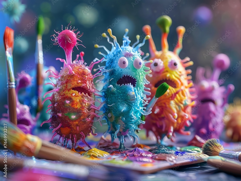 Design a 3D close-up of a bacteria character gently applying a tiny bandage to a small abrasion on the skin, illustrating the healing process and the importance of cleanliness, vibrant color