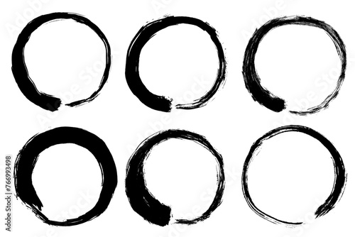 Enso Zen black circle set. Round ink brush stroke, japanese calligraphy paint buddhism symbol isolated on white © Elena