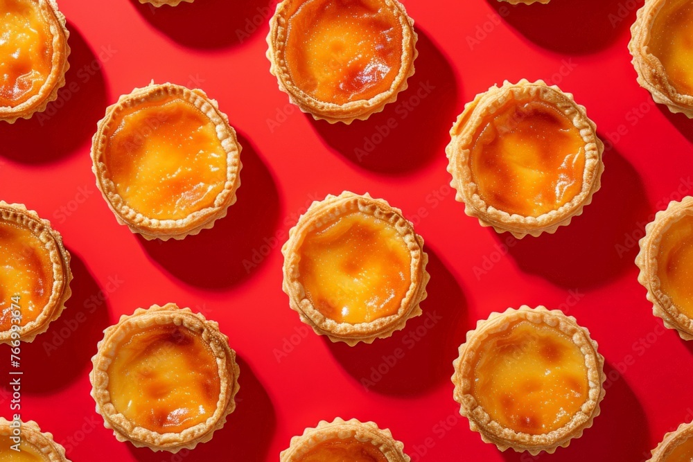 Assorted pastry tarts on red surface against red background in various shapes and flavors Assorted pastry tarts on red surface against red background in various shapes and flavors