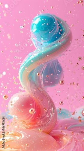 Detailed close-up of a liquid substance on a vibrant pink background, showcasing texture and color contrast