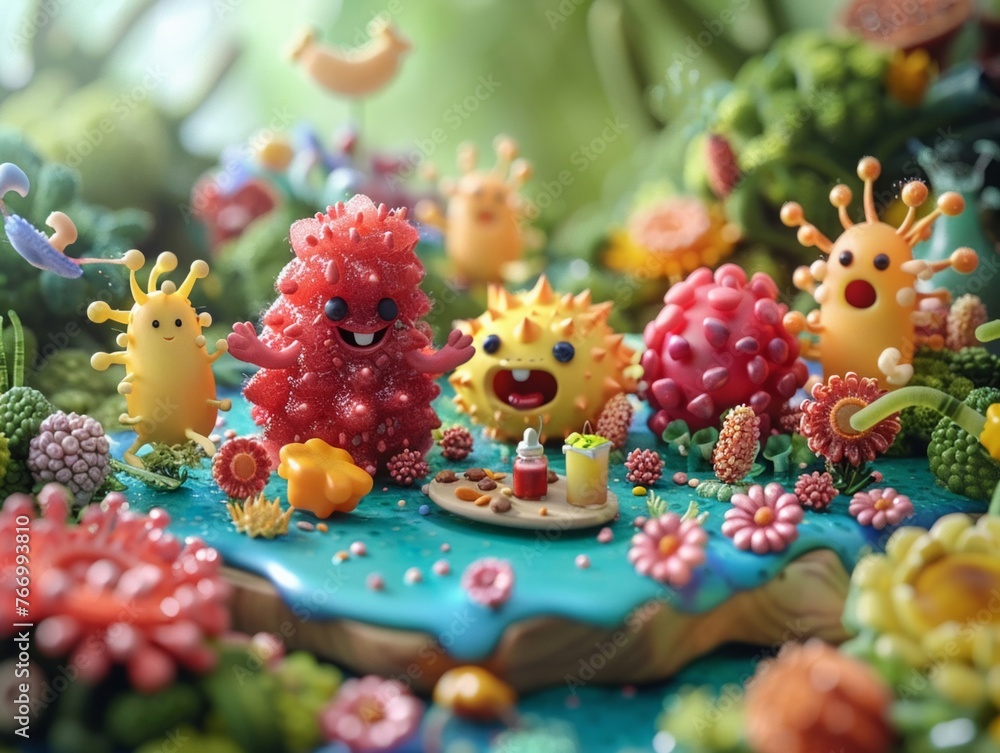 Design a 3D scene where friendly bacteria characters are having a picnic on the surface of healthy skin, showcasing the importance of a balanced skin microbiome, vibrant color