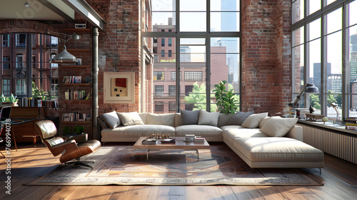 Modern living room with a plush sofa and wooden coffee table bathed in warm lamplight