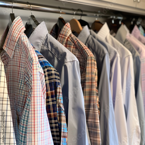 A row of shirts hanging on a clothesline, with some of them being plaid. The shirts are of different colors and styles, and they are all neatly hung up. Concept of organization and order