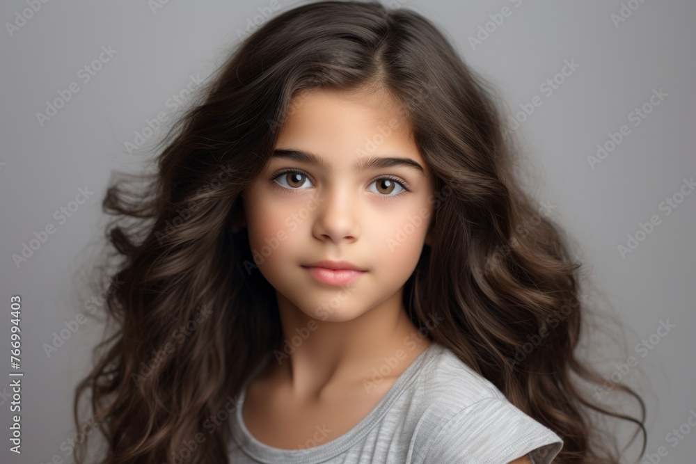 Portrait of a cute little girl with long curly hair. Studio shot. Portrait of a cute little girl with long curly hair. Studio shot.