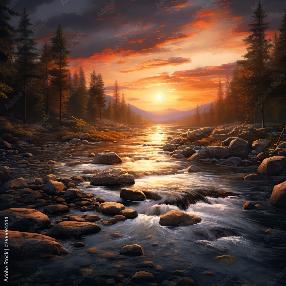 forest river with stones on shores at sunset. Natural Landscape
