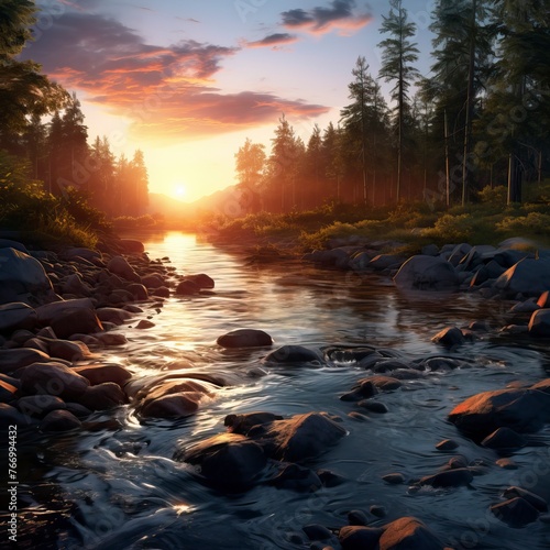 forest river with stones on shores at sunset. Natural Landscape  © CREATIVE STOCK