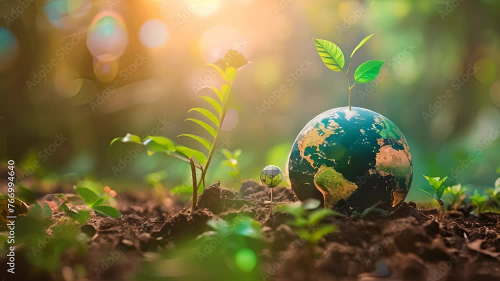 In this thought-provoking 3D animation, a globe with emerging sprouts stands amidst fertile soil, embodying concepts of environmental care, sustainability, and the nurturing of our planet In this thought-provoking 3D animation, a globe with emerging sprouts stands amidst fertile soil, embodying concepts of environmental care, sustainability, and the nurturing of our planet
