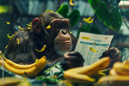 A monkey stockbroker with charts tangled in vines photo