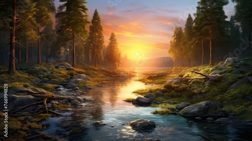 forest river with stones on shores at sunset. Natural Landscape 