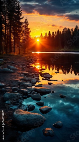 forest river with stones on shores at sunset. Natural Landscape 