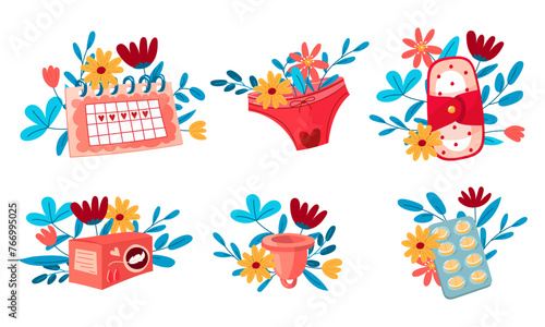 A set of calendar, pads, menstrual cup, pills with flowers. The concept of a woman's regular menstrual cycle. Menstrual period, menstruation, premenstrual syndrome, vector illustration of ovaries