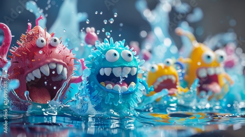 Design a vibrant 3D scene where cartoonish mouth bacteria characters are having a party, only to be washed away by a wave of mouthwash, promoting good oral hygiene, vibrant color