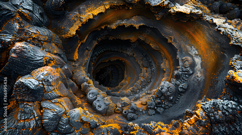 A volcanic lava tube, with intricate formations as the background, during a lava tube exploration