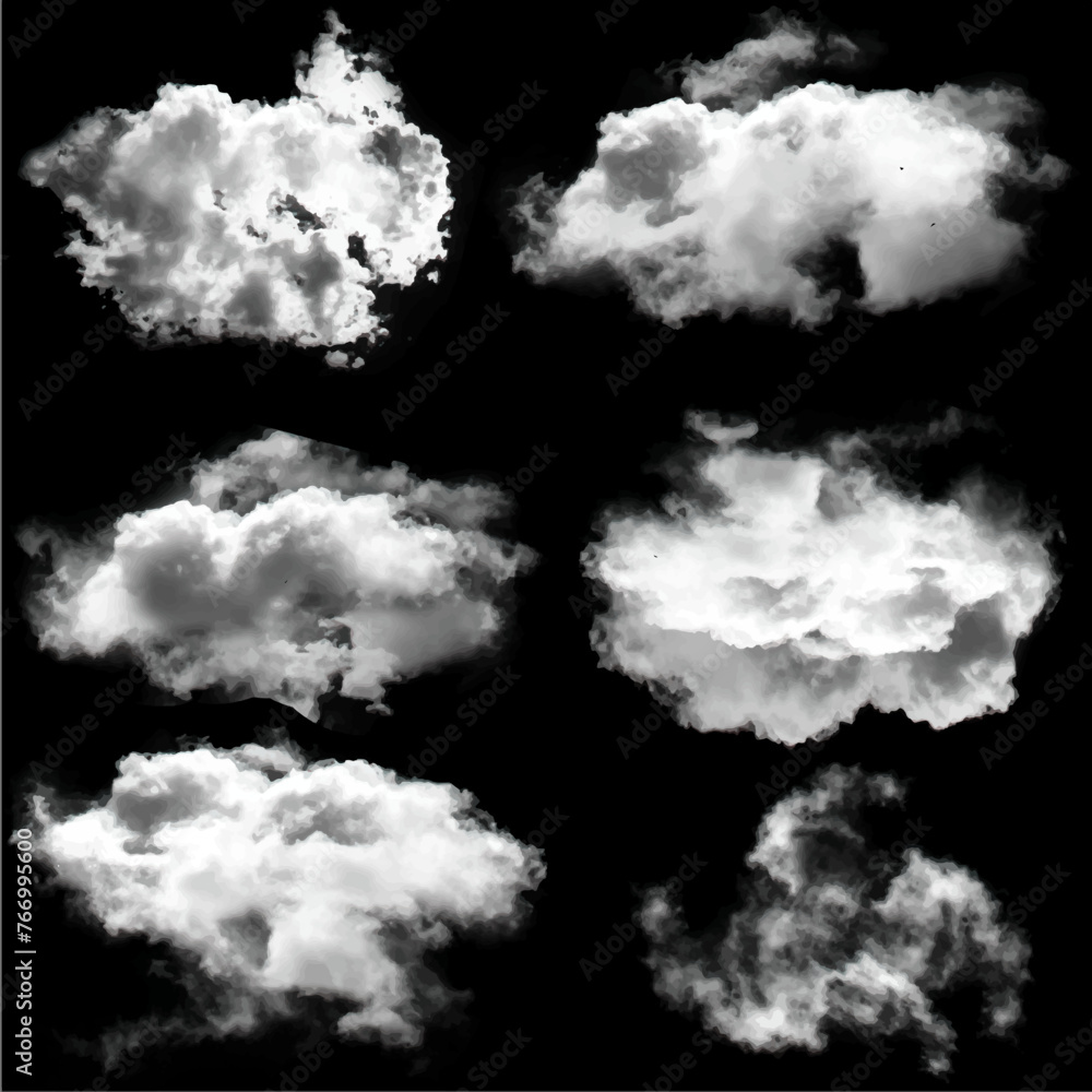 Realistic cloud shapes collection over black background Realistic cloud shapes collection over black background
