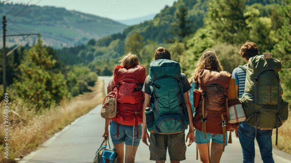 Obraz premium Friends enjoying their hike on a sunny country road with a scenic mountainous backdrop