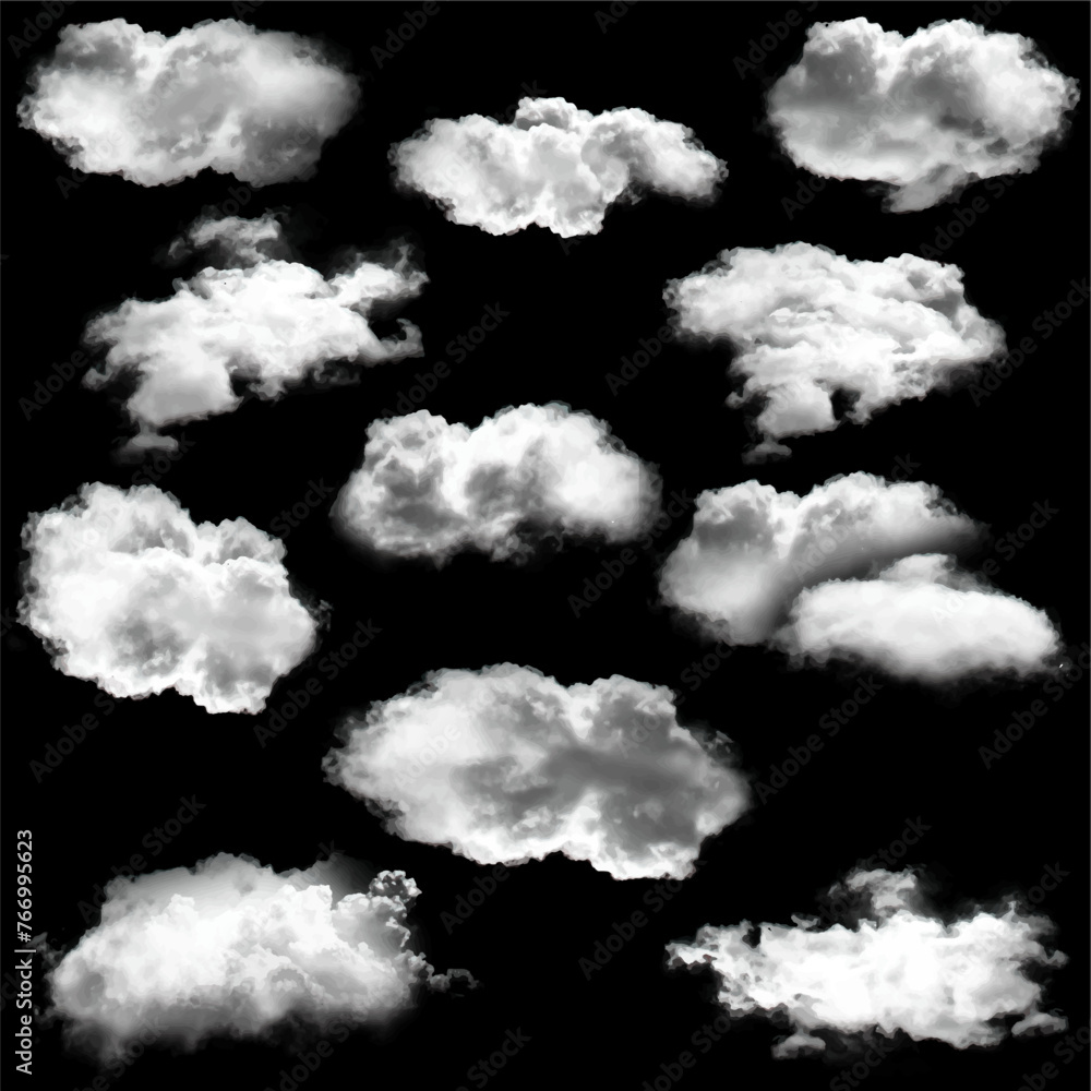 Realistic cloud shapes collection over black background Realistic cloud shapes collection over black background