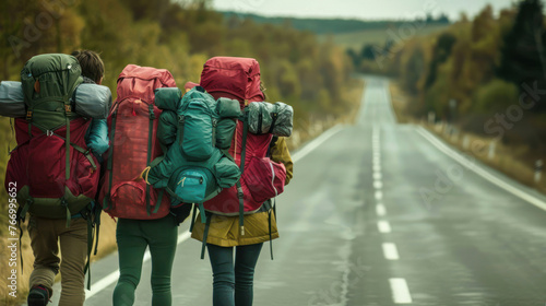 An evocative image showing a line of hikers with backpacks on an isolated road surrounded by fall colors