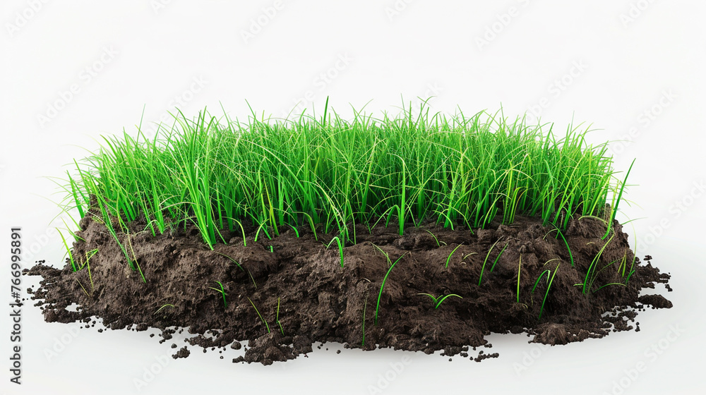 3D depiction of round soil ground with earth and lush green grass on white. 3D depiction of round soil ground with earth and lush green grass on white.