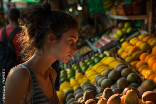 A young woman looks at fresh fruit at the weekly market © Dennis